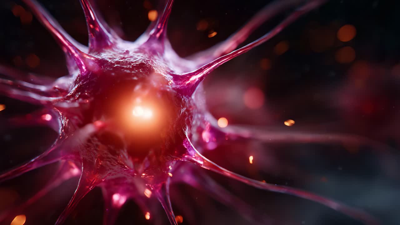 Dynamic Close-Up of a Neuron, Showcasing the Intricate Structure and Vibrant Activity of Nerve Cells in a High-Definition Rendered Environment