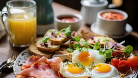 hearty breakfast spread displaying sunny side up eggs, crisp bacon strips, toasted bread garnished with microgreens, ripe cherry tomatoes, alongside chilled orange juice