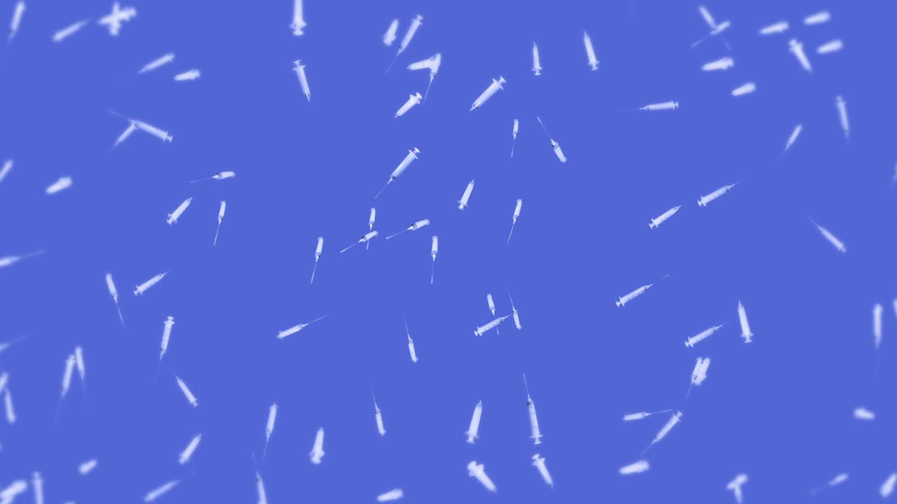 Flying many syringes for injection on blue background. Medical concept. Vaccine against the virus. Healthcare therapy. 3D loop animation.