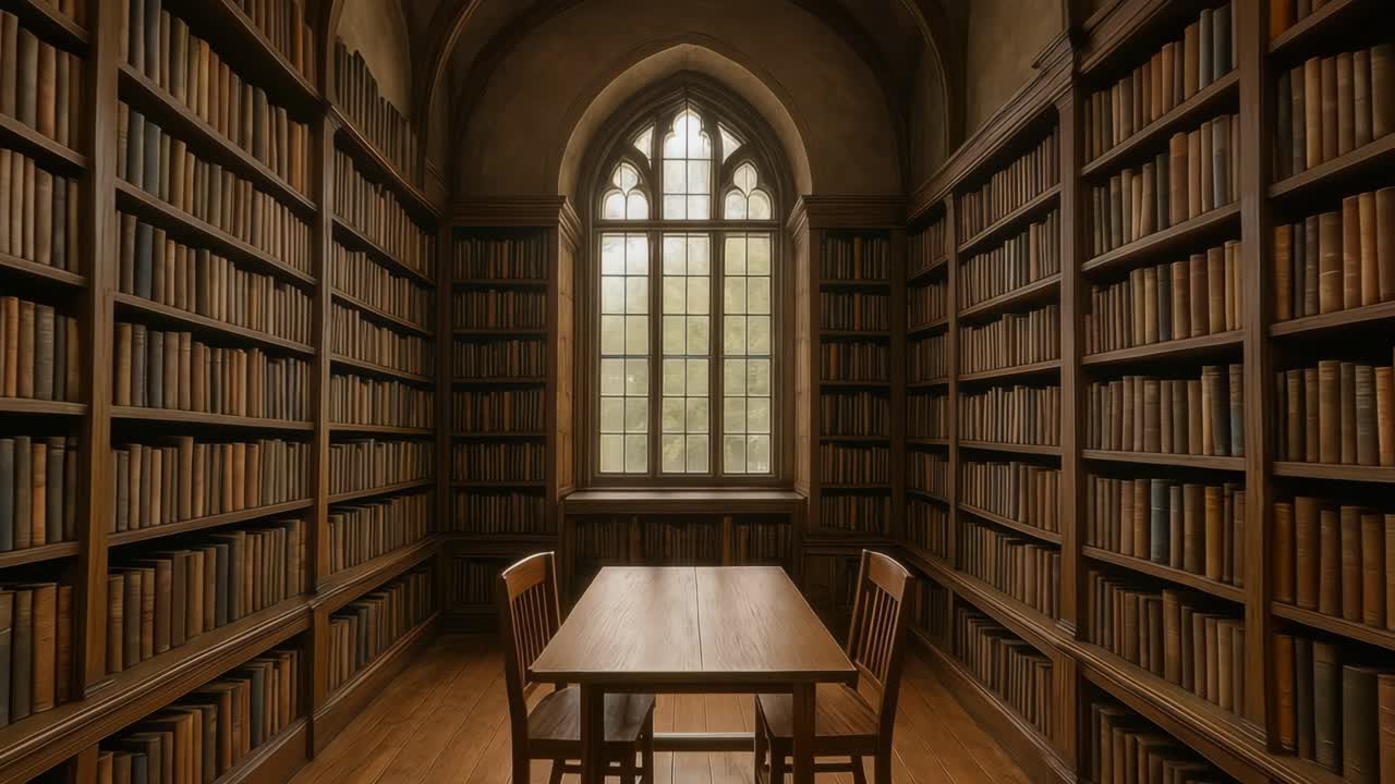 A serene library scene with wooden shelves and a table, captured from a low angle