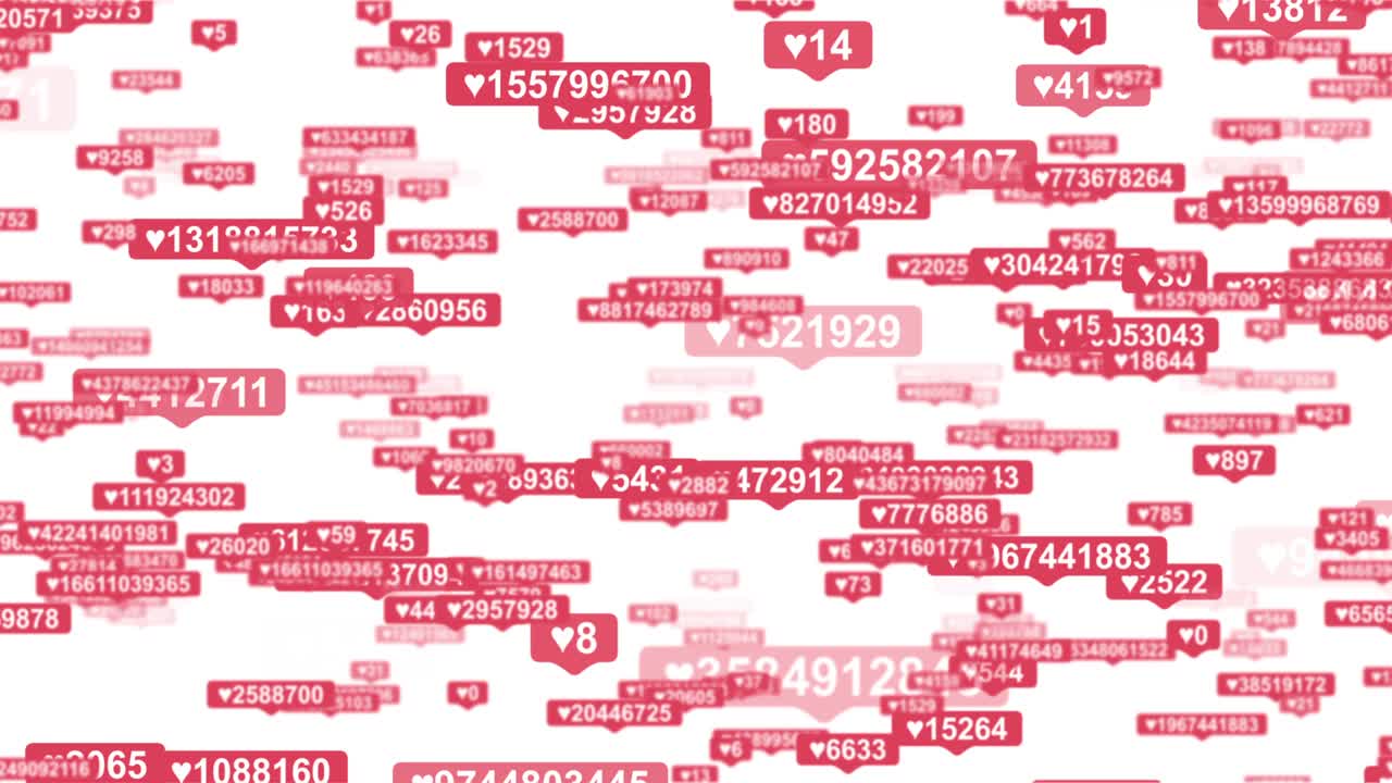 소셜 미디어의 3d 렌더링 애니메이션: 좋아하고 추종하는 빨간 카운터가 떨어지고, 알파 매트와 함께 검은 바탕에 무작위로 증가하고 움직입니다.