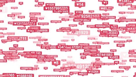 animación 3d de reproducción de los gustos y seguidores de las redes sociales contadores rojos cayendo, aumentando rápidamente y moviéndose al azar en un fondo negro con matte alfa. vista frontal, bucle