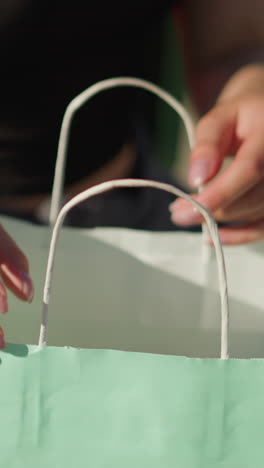 primer plano de las manos de una dama buscando en una bolsa de compras verde menta y recuperando un libro de color menta, el fondo la muestra ligeramente borrosa mientras continúa su búsqueda