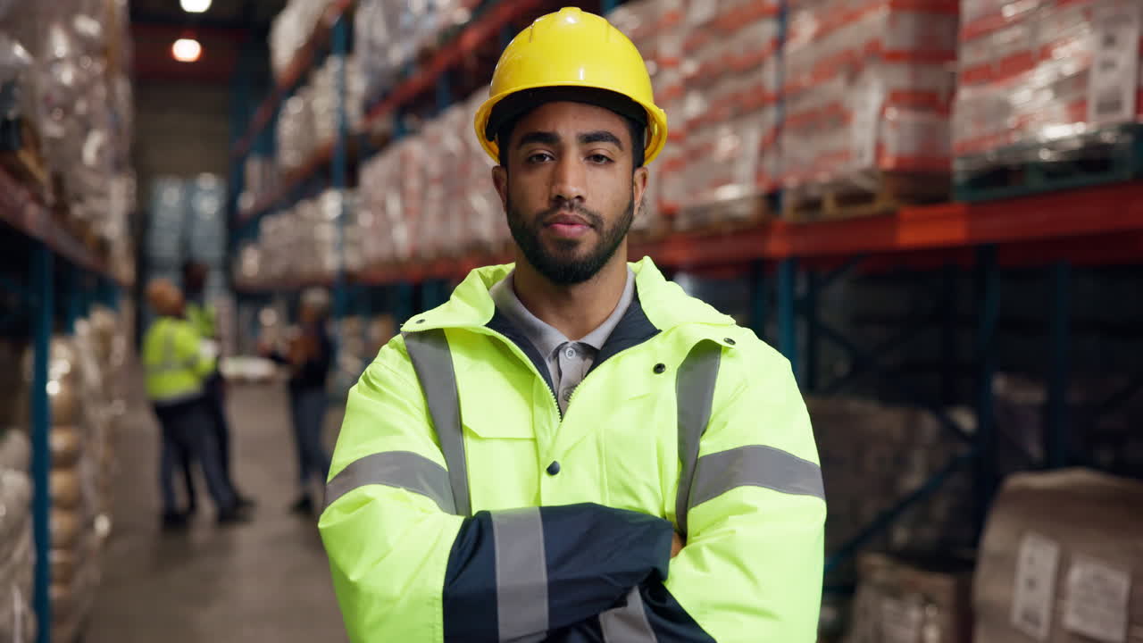 Confident Warehouse Worker in Hard Hat and High-Visibility Jacket