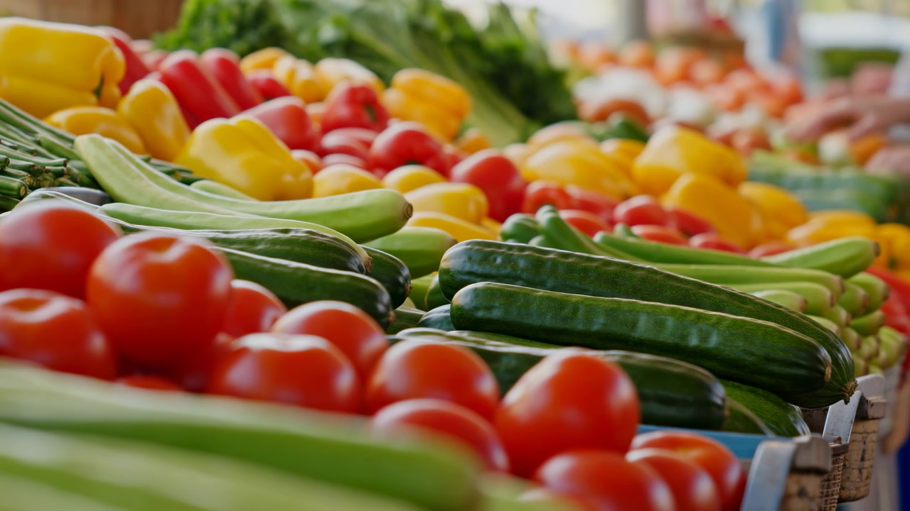 Uma visão de perto mostra tomates brilhantes, abobrinhas verdes claras e escuras e pimentões vibrantes dispostos em fileiras enquanto mãos se movem atrás deles, com um foco suave enfatizando as texturas vívidas dos produtos