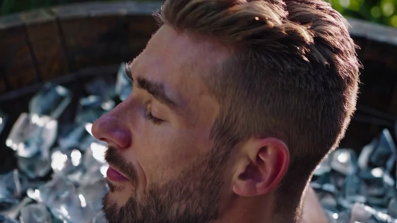 hombre atlético experimentando inmersión de terapia de frío, sentado tranquilamente en una bañera de madera con los ojos cerrados, practicando técnicas de bienestar para la recuperación muscular y la reducción del estrés