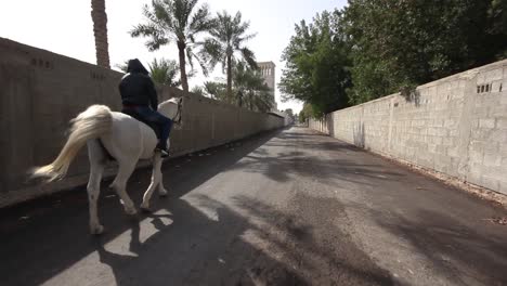 a hooded western man riding a white arabian horse through an ally way of concrete walls and palm trees, with an old tower seen from a distance