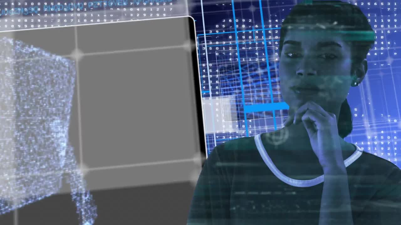 Animation of data processing and world map over biracial woman