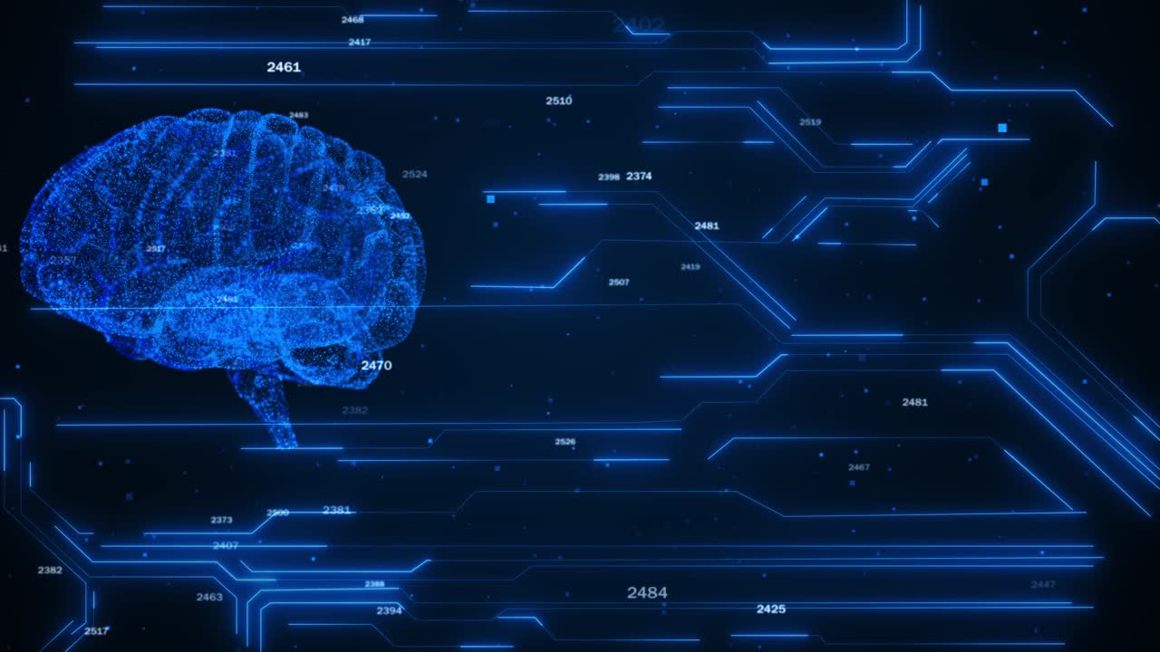Cyberspace artificial intelligence network hologram ai cpu and print circuit details with binary