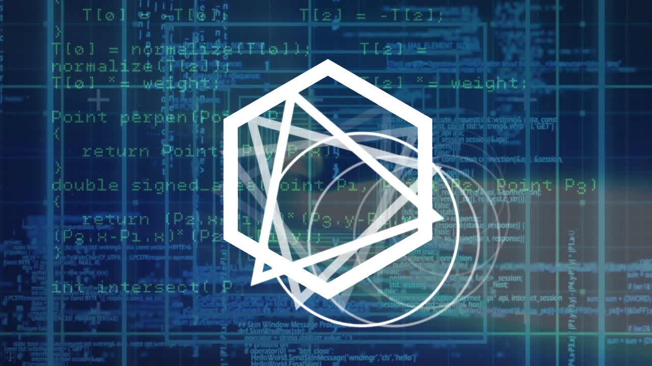 Animation of geometric shapes rotating over data processing in blue space