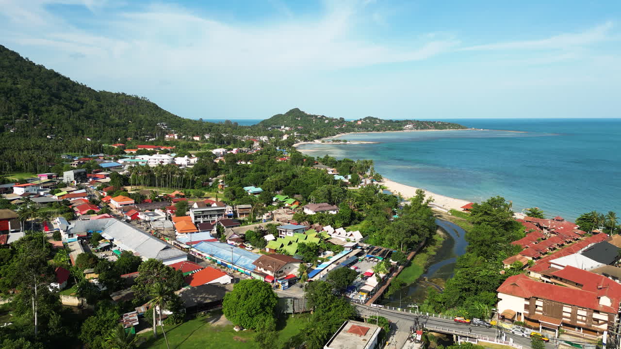 Aerial Drone Ascending Over The Beautiful Coastal Vacation Town Of Maret, Ko Samui District, Surat Thani, Thailand
