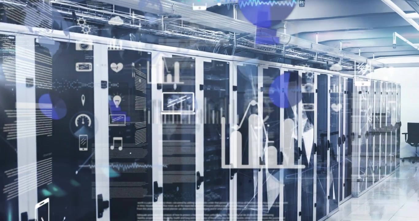 This animation shows digital data processing flowing through a network of computer servers