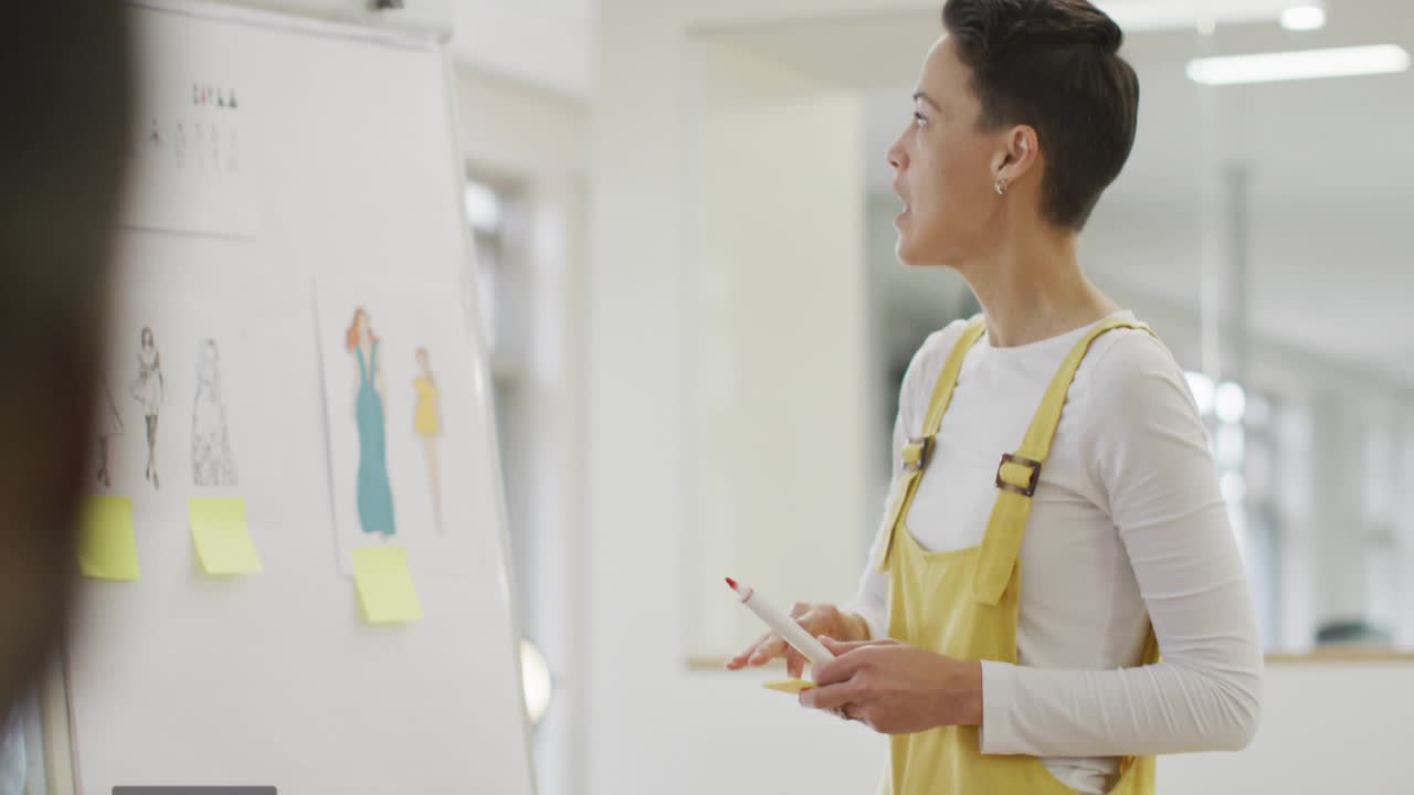 Designer pointing, tapping chart explaining fashion sketches with notification icons escalating
