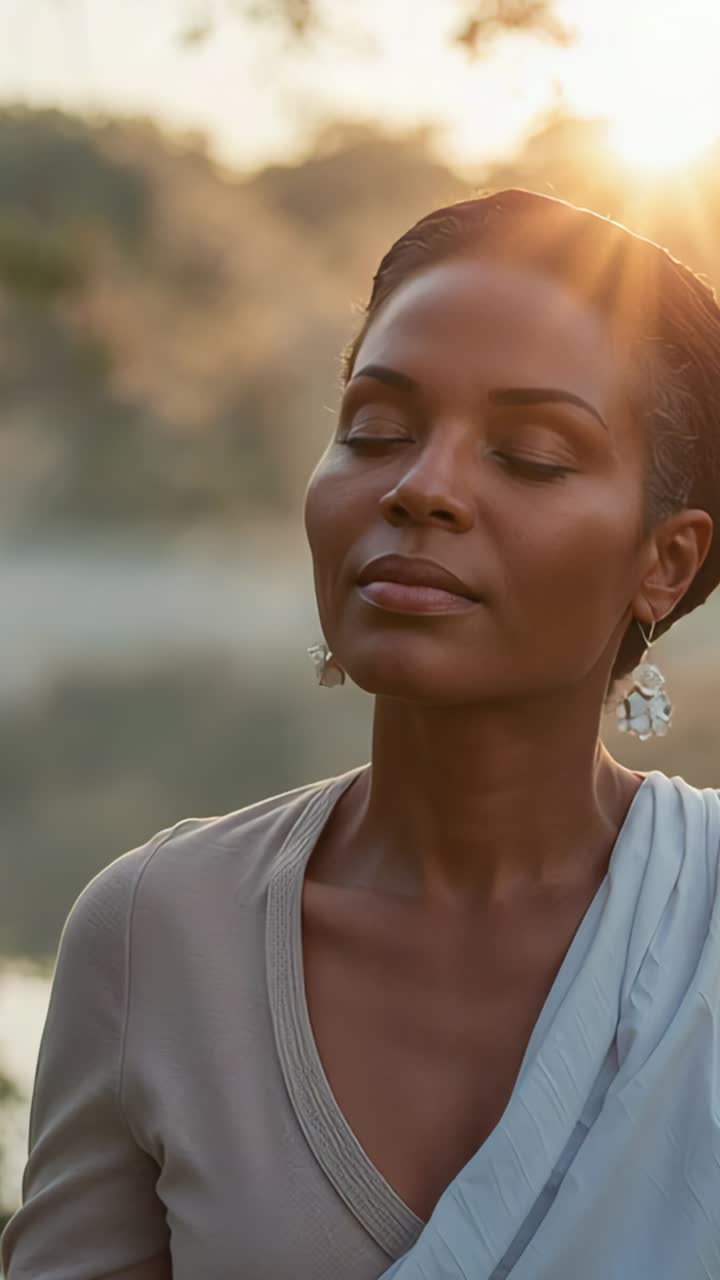 Vertical video: Breathing woman tilting head and meditating lake sunrise, with sunlight filtering