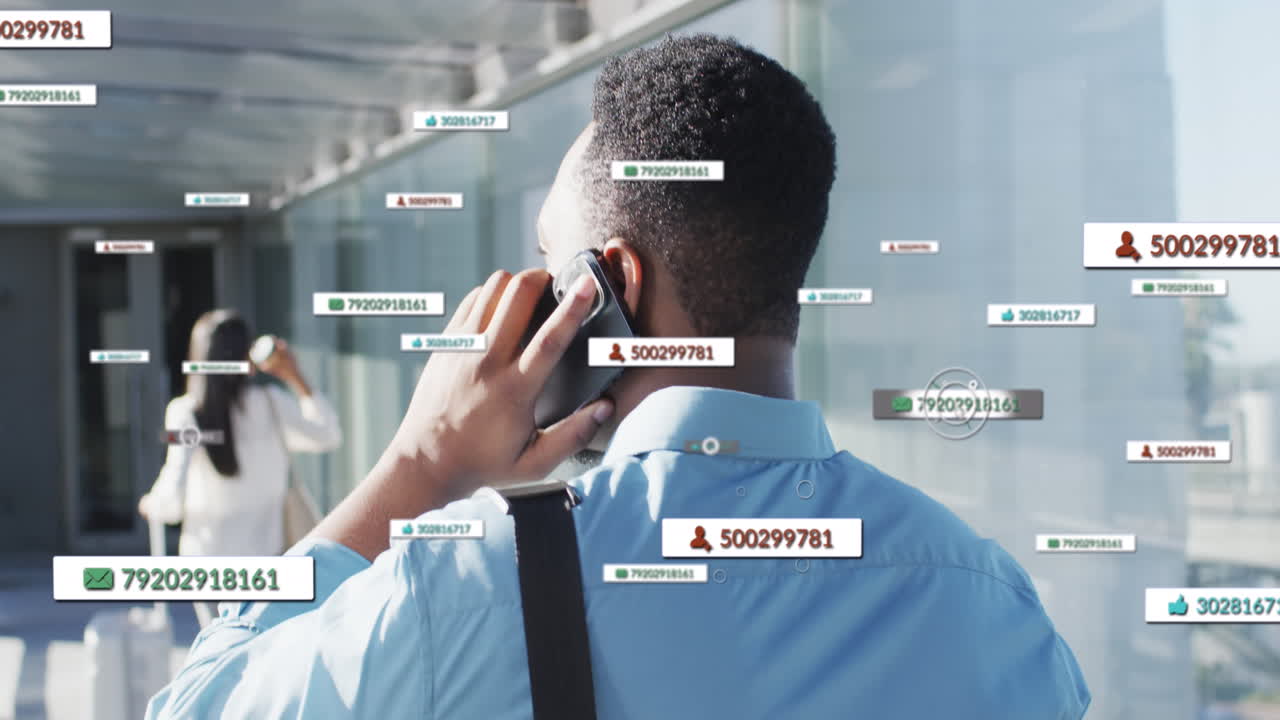 animación del procesamiento de datos financieros sobre un empresario biracial en el aeropuerto