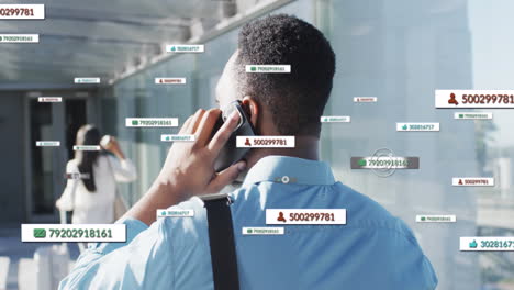 animation of financial data processing over biracial businessman in airport