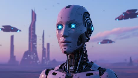 futuristic robot close-up with blue eyes against a sci-fi cityscape and flying vehicles, highlighting technological advancements in robotics and artificial intelligence