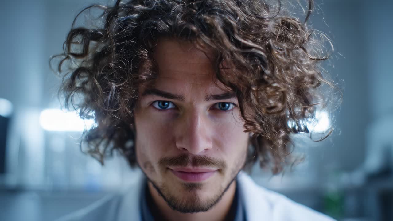 Focused young male scientist with curly hair and intense gaze, showcasing a passionate commitment to his research in a modern laboratory environment