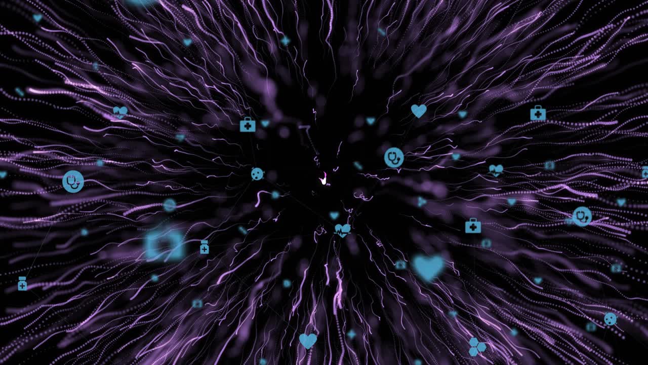 Animace digitálních ikon a světelných stop na černém pozadí