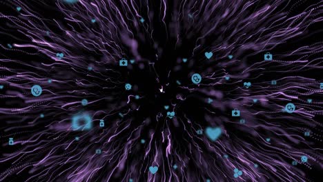 animación de iconos digitales y rastros de luz sobre fondo negro