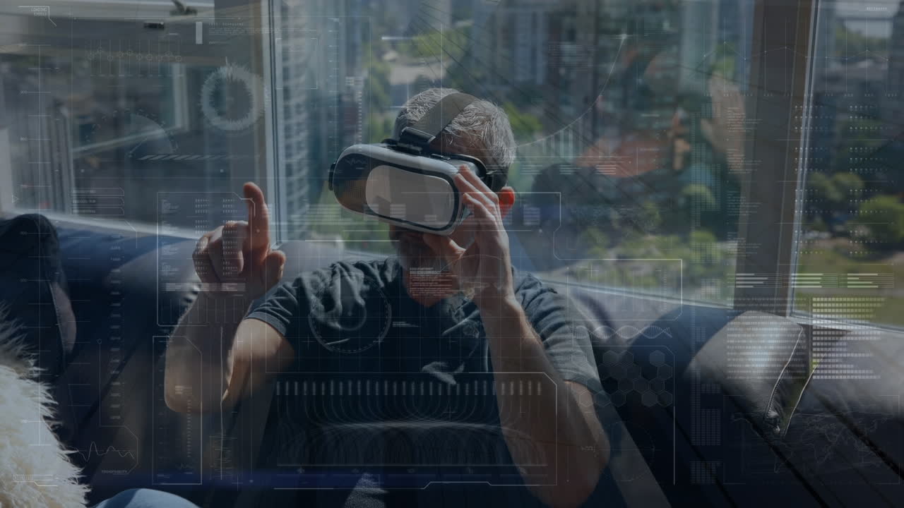 Animation of data processing over caucasian man using vr headset