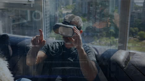 animación del procesamiento de datos sobre el hombre caucásico usando auriculares vr