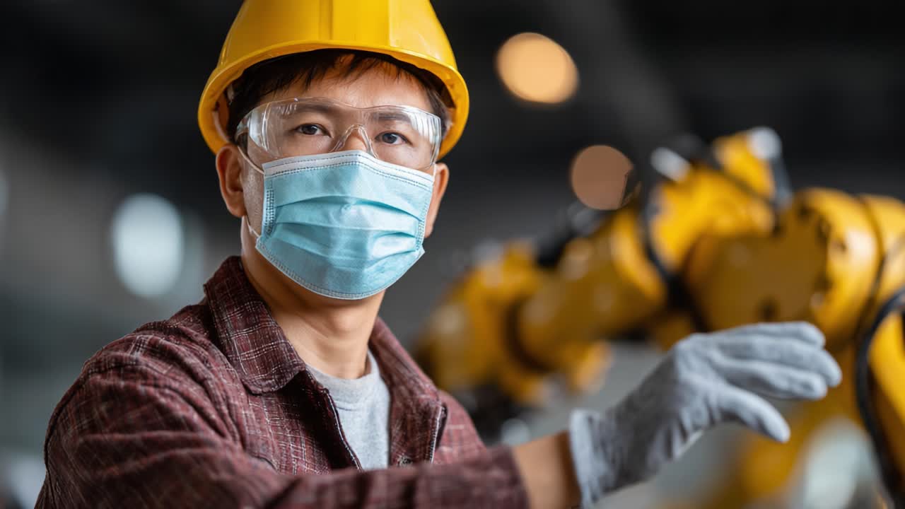 Focused Industrial Worker in Safety Gear Operating Advanced Robotics Technology with Precision and Care in a Modern Manufacturing Environment