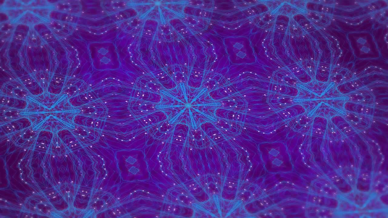 Animazione digitale di forme caleidoscopiche blu che si muovono in movimento ipnotico su sfondo viola.