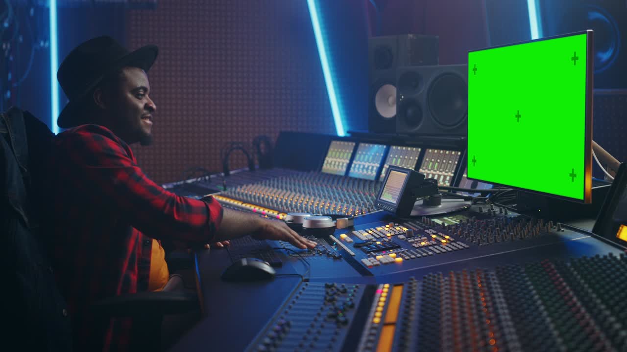 Stylish Audio Engineer / Producer Working in Music Record Studio, Uses Green Screen Chroma key Computer Display, Mixer Board Equalizer and Control Desk to Create New Hit Track and Song. Black Musician