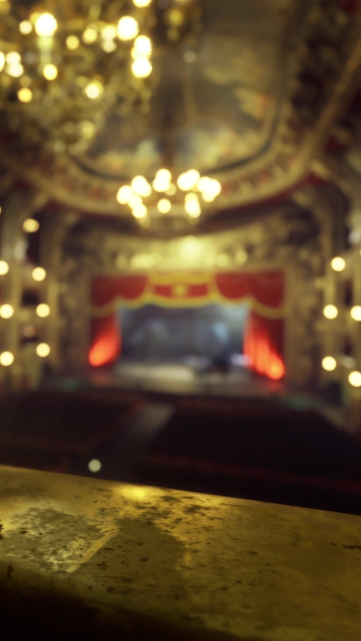 All'interno di un teatro storico che mostra un palcoscenico prima dell'inizio di uno spettacolo