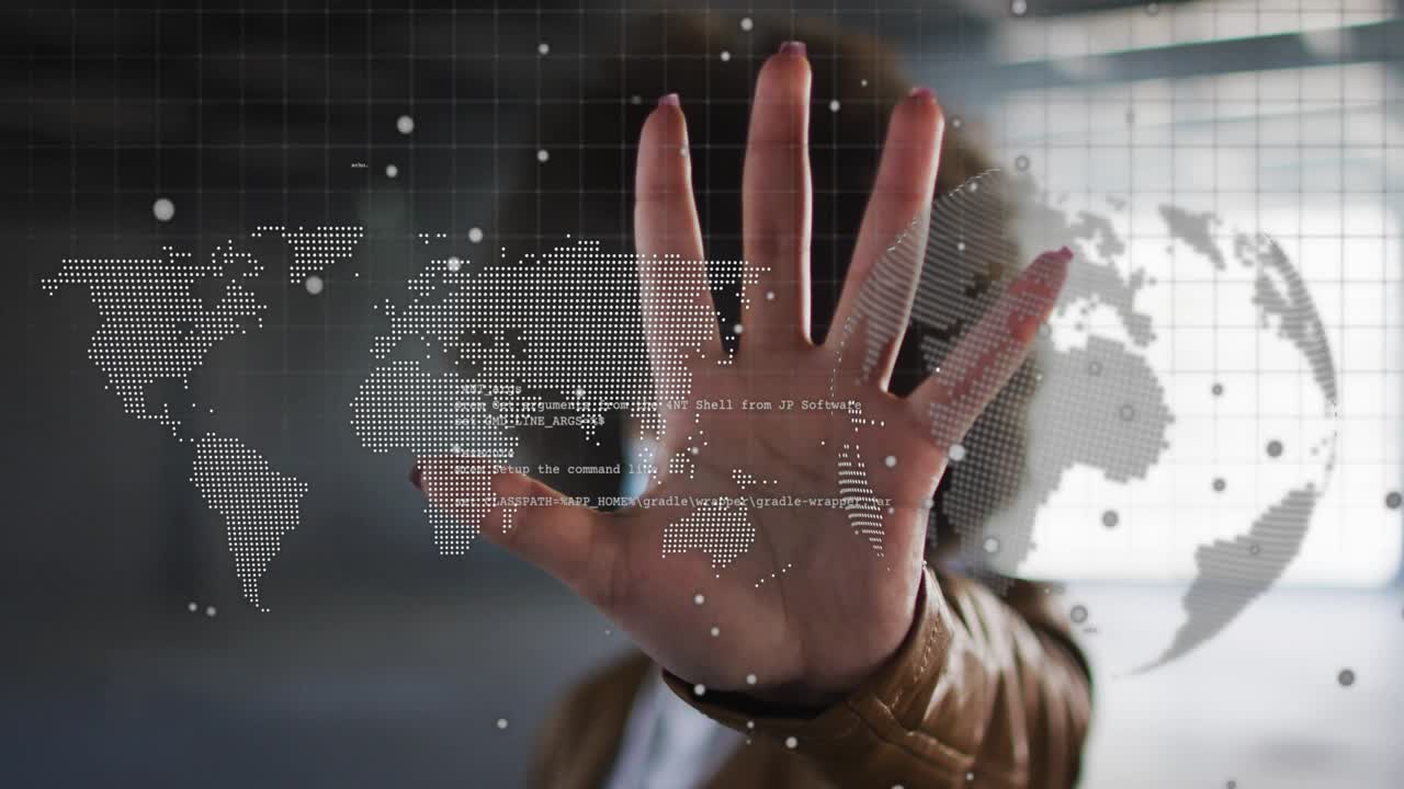 Woman extending palm to camera, activating digital world map, revealing mask text for tech showcase