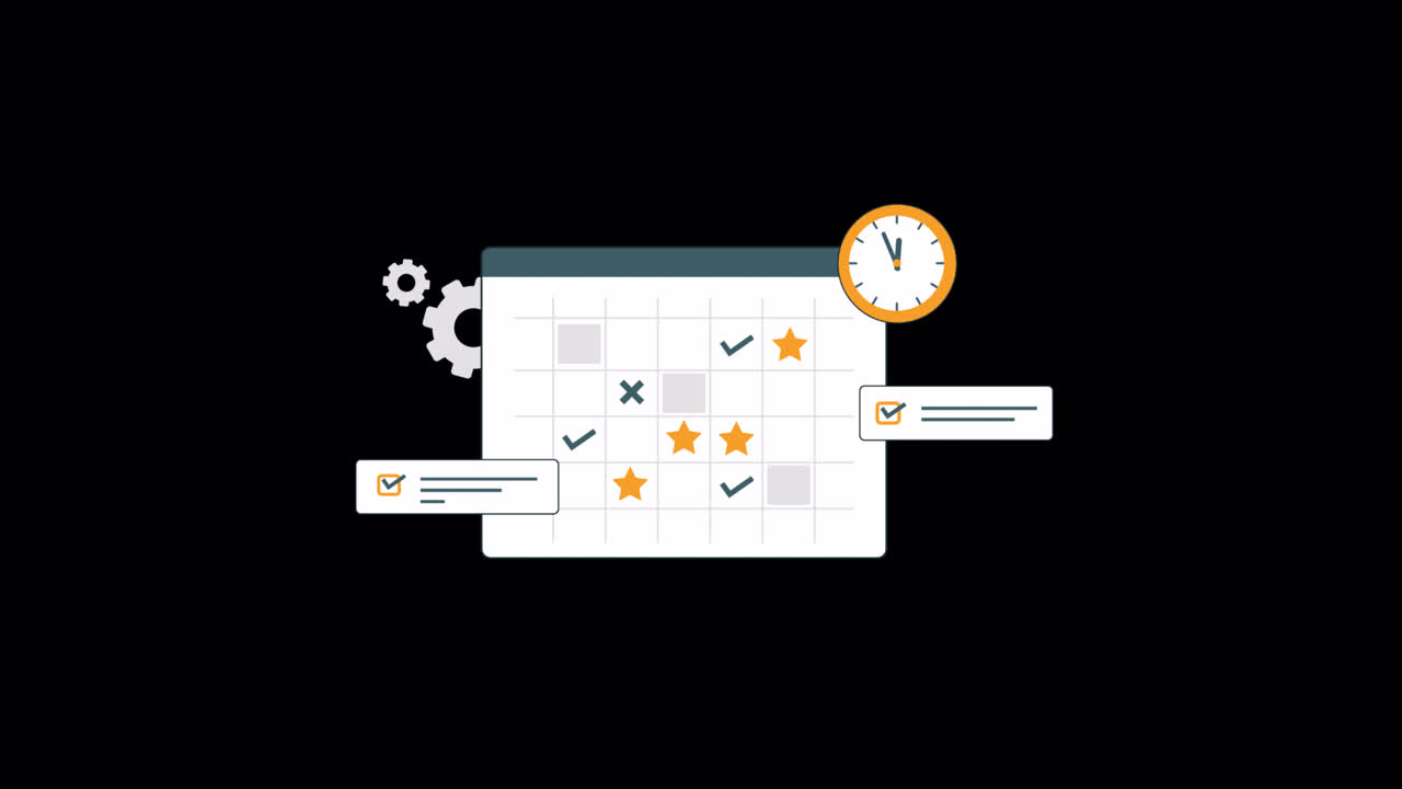 Animated Calendar with Tasks, Clock, and Gears for Scheduling