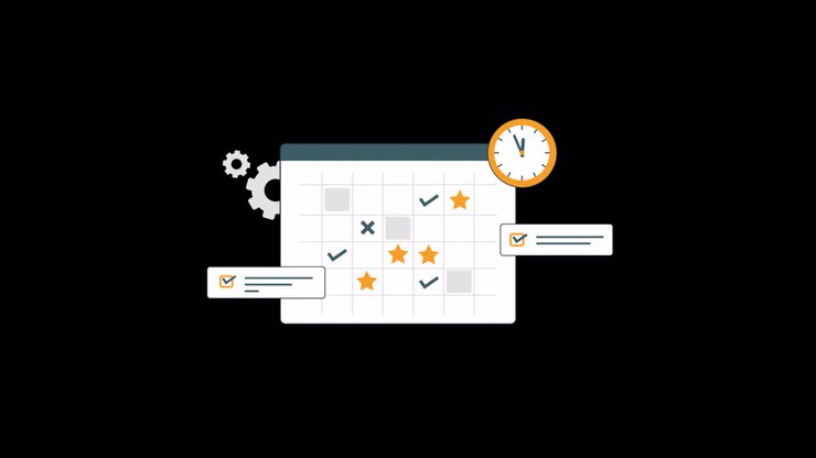 Animated Calendar with Tasks, Clock, and Gears for Scheduling