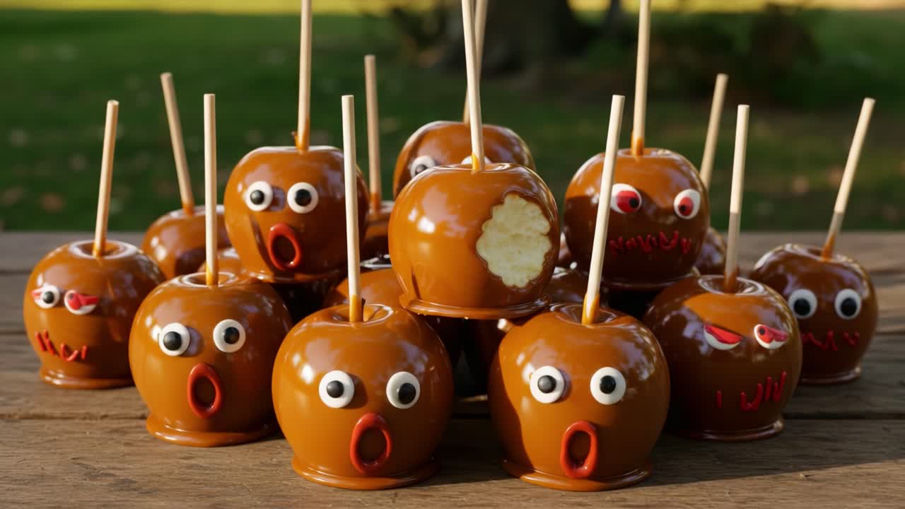 Whimsical Caramel Apples with Expressive Faces Piled High, Perfect for Celebrations, Parties, and Fun Gatherings, Capturing the Spirit of Joy and Creativity
