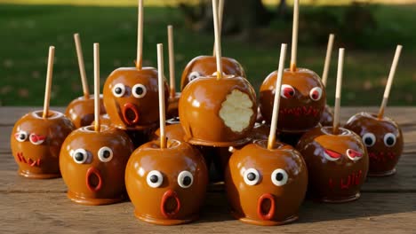 whimsical caramel apples with expressive faces piled high, perfect for celebrations, parties, and fun gatherings, capturing the spirit of joy and creativity