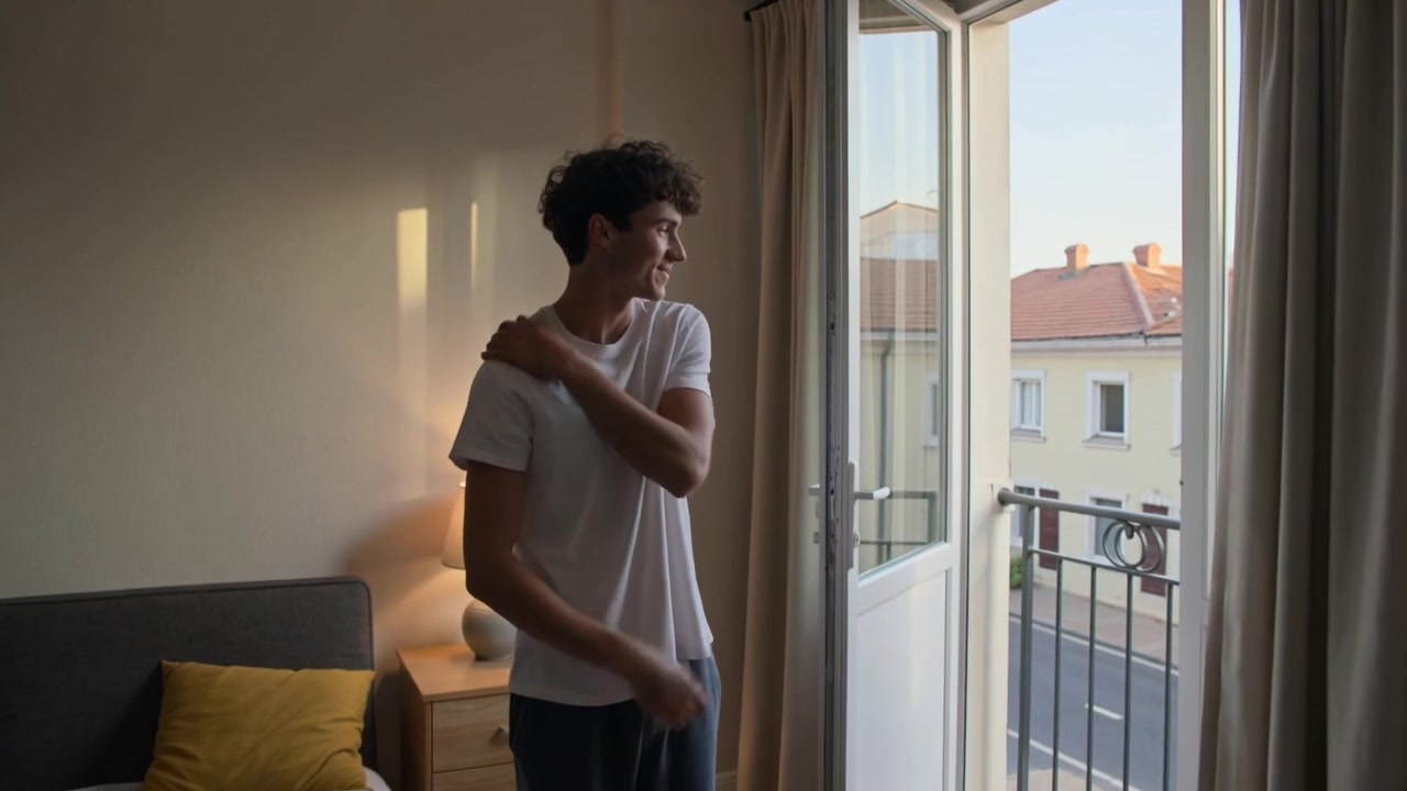 Uomo in maglietta bianca che si allunga, apre il balcone, si strofina il collo sotto il sole caldo, guardando la strada, letto.