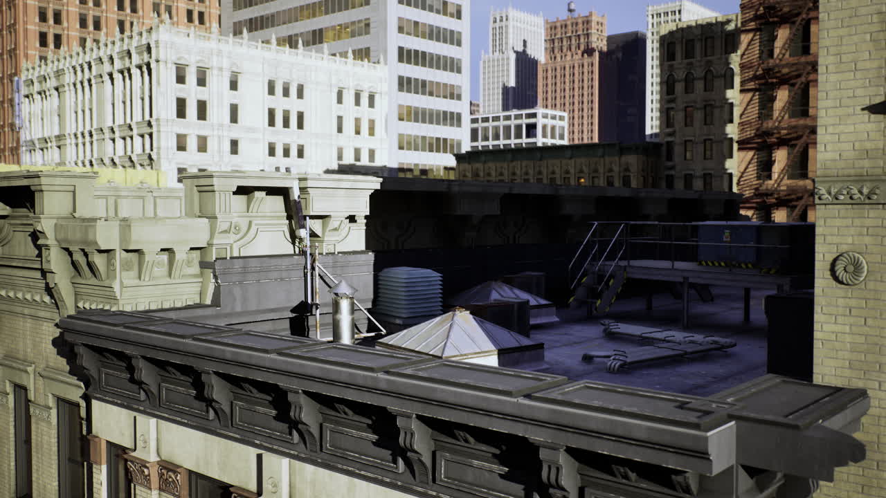 Rooftop view of urban architecture with nearby skyscrapers in daylight
