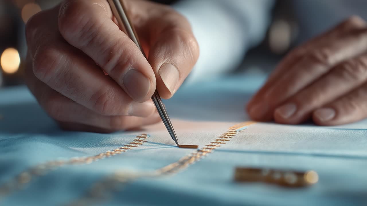 Artigiano che esegue un elaborato ricamo a mano su un tessuto elegante con precisione e cura, mettendo in risalto la bellezza delle tecniche di sartoria tradizionali.