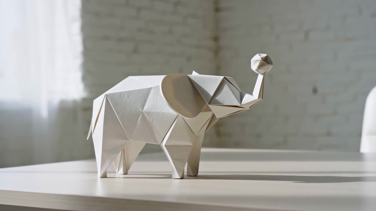 A serene and minimalist display of an origami elephant on a natural light-filled indoor shelf, showcasing the artistry of origami in a calm and modern setting. The white and gray tones.