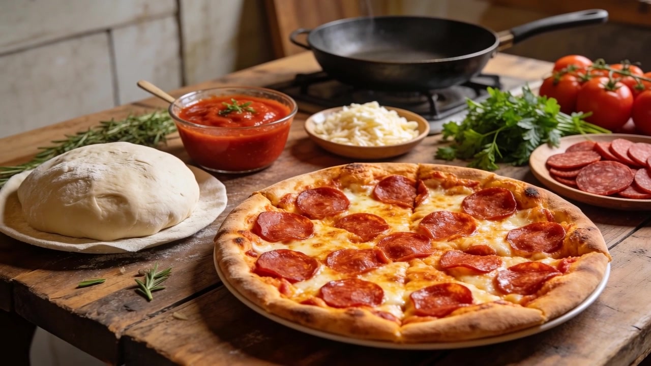 Telecamera che zooma e si concentra su una pizza ai peperoni su un tavolo di legno, con l'impasto, evidenziando la lucentezza del formaggio.