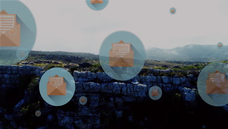 animación de círculos con iconos de sobrecarga sobre el paisaje