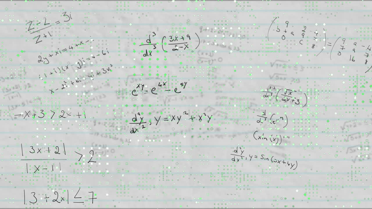 animación de ecuaciones matemáticas en la pizarra y puntos en el fondo