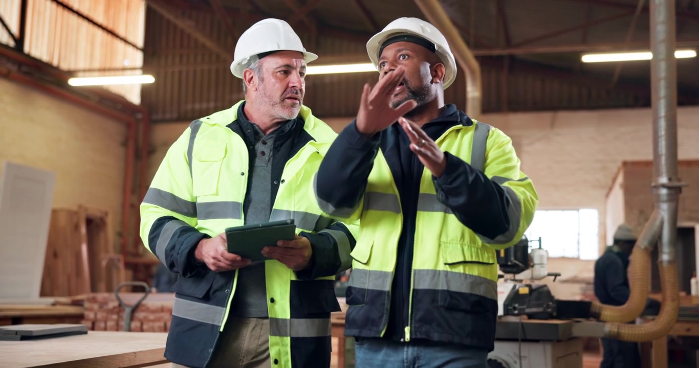 Two Construction Managers Discussing Project Progress in a Woodworking Workshop