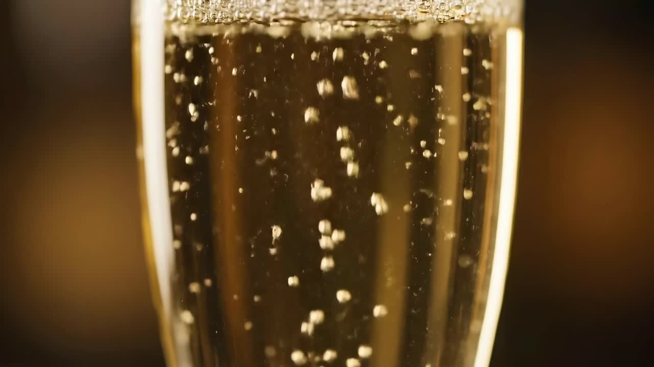 Close-up video of champagne bubbles rising in a glass, shot from a side angle
