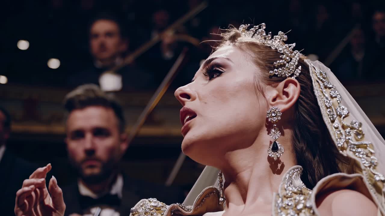 Talented opera singer performing a beautiful piece on a stage, wearing an elegant dress and jewelry, with the orchestra conductor directing the musicians in the background
