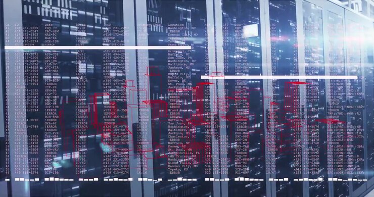 Video depicts data flow in servers, symbolizing global internet connectivity.