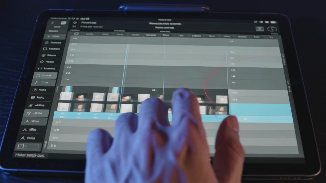 Mano de editor colocando los dedos y arrastrando la línea de tiempo de una tableta en el escritorio, creando una ventana emergente para ajustar el tiempo.