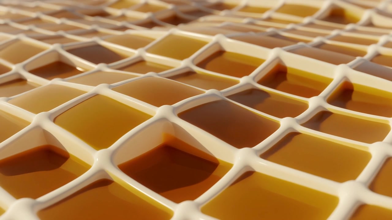 Abstract 3D Animation of Liquid Honey in a White Grid