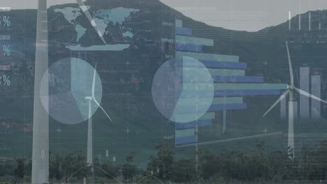 animation of statistical data processing over spinning windmills on grassland against grey sky