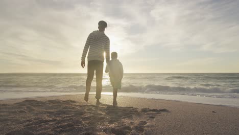 Rückansicht-Eines-Hispanischen-Vaters-Und-Sohnes,-Die-Bei-Sonnenuntergang-Am-Strand-Spazieren-Gehen